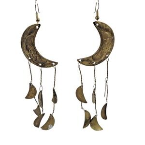 Crescent Moon Earrings Dangle Floral Laser Cut Brushed Gold Tone 3.5" Celestial